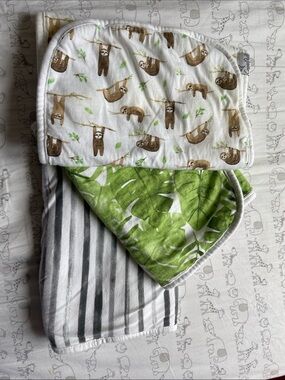 Copper Pearl Sloth Print Baby Burp Cloths Pack - Green Leaf & Gray Stripe